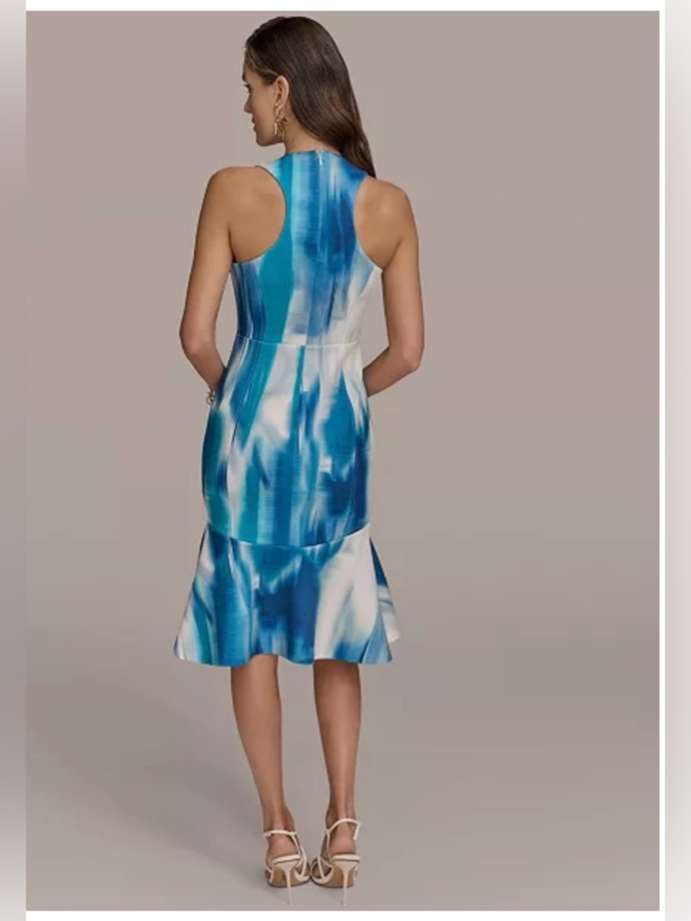 💙 Blue and White DONNA KARAN Sleeveless V-Neck Ruffle Hem Dress - Size 8 - Picture 5 of 7